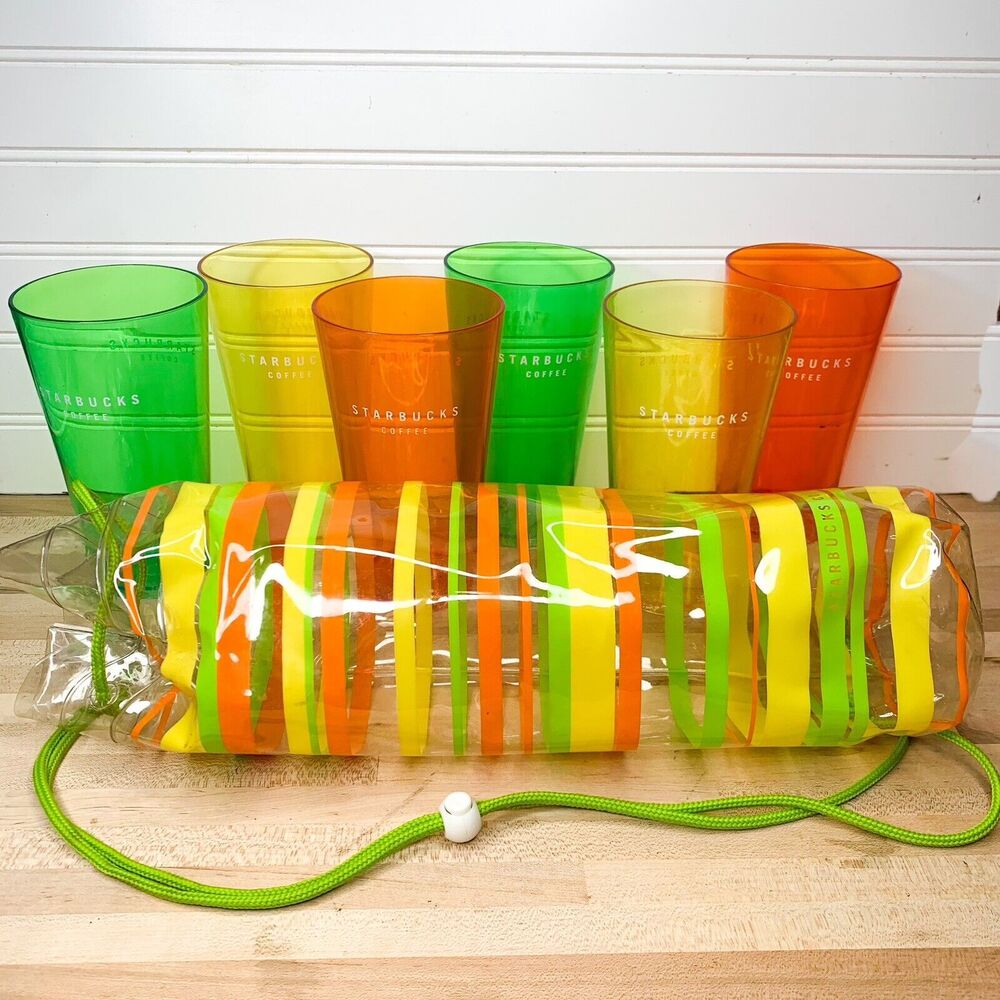 Retro STARBUCKS Cabana Stripe Cooler 6 Pack of 20oz Cups and Carrying Bag 2003